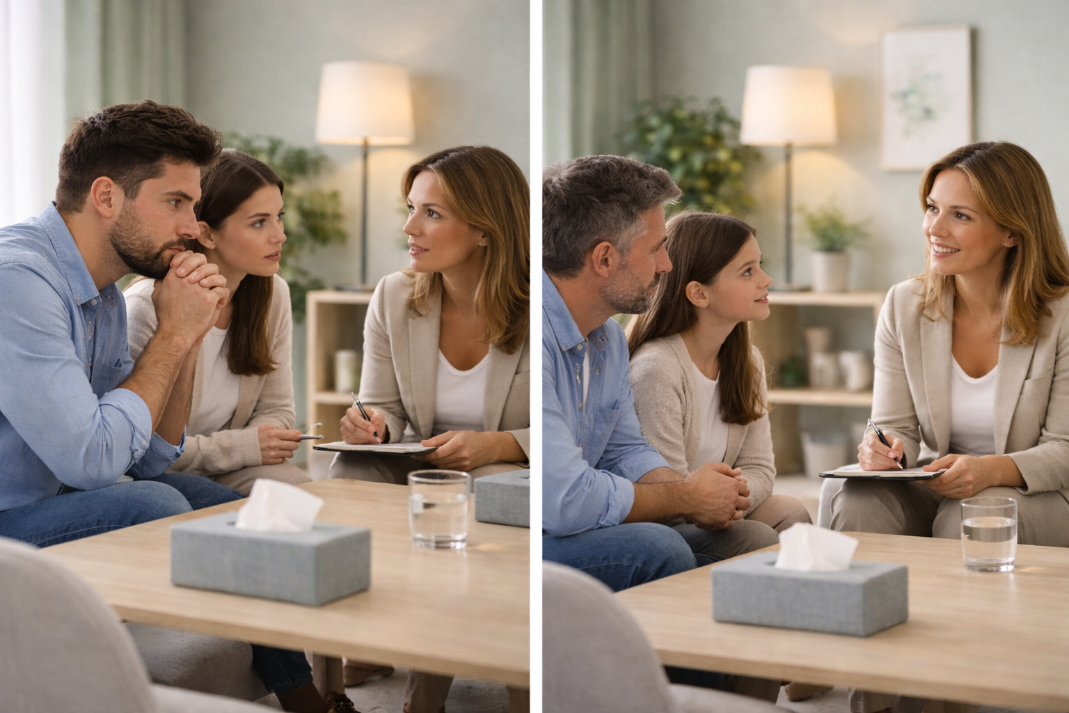A mediator sitting with a person across a table, having a calm and supportive conversation